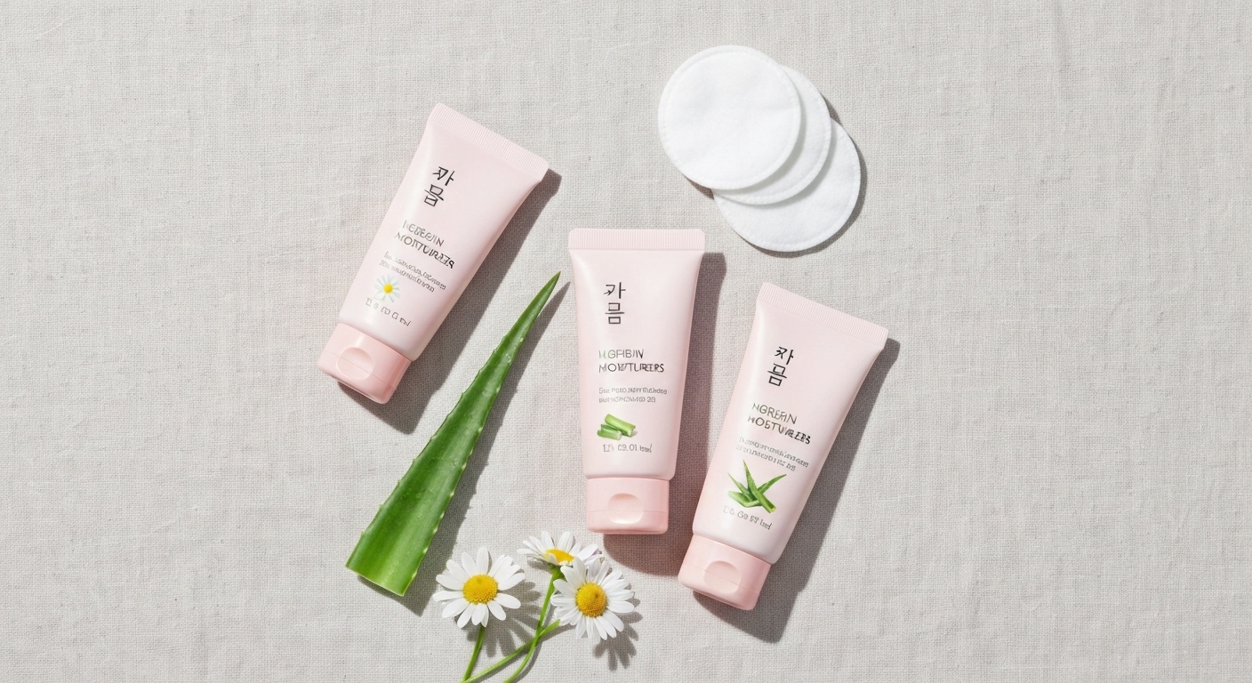 Gentle Korean moisturizers with calming ingredients arranged on a soft fabric background