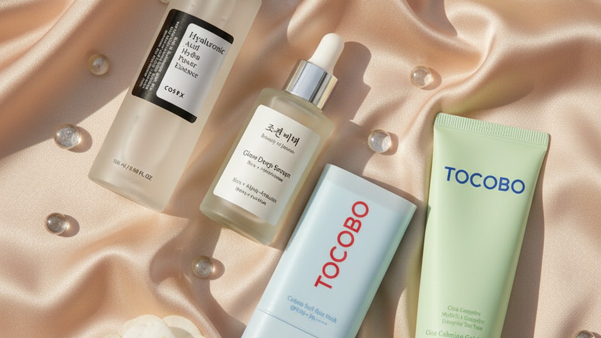 Due sun stick coreani uno accanto all'altro con ombre di foglie tropicali